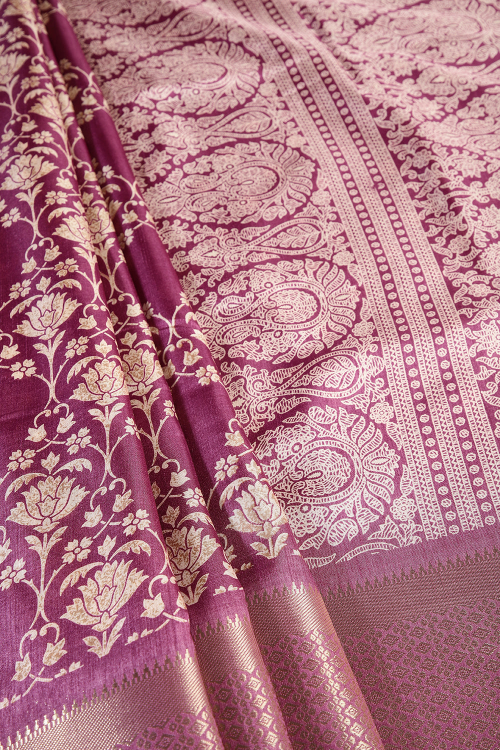 Purple Color Cotton Silk Block Printed Saree