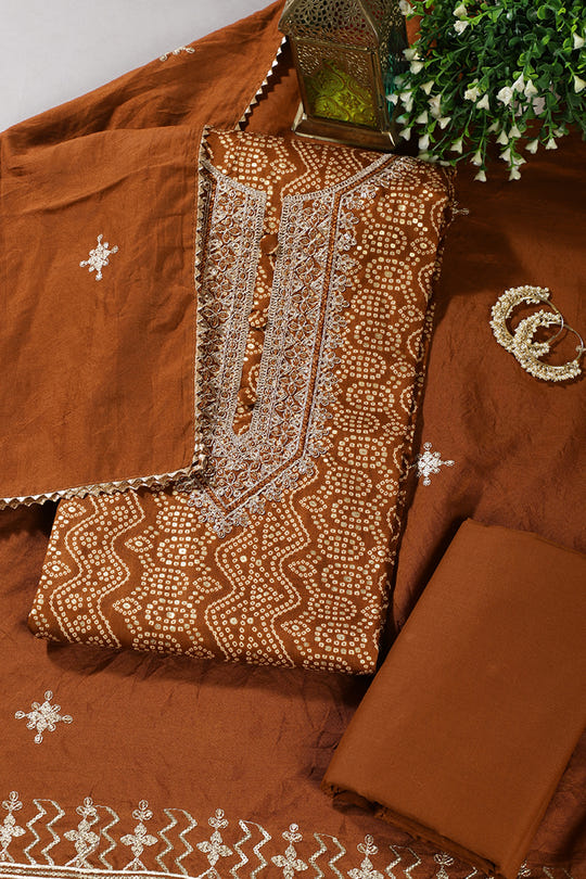 Brown Cotton Bandhani Printed & Neck Embroidered Unstitched Suit