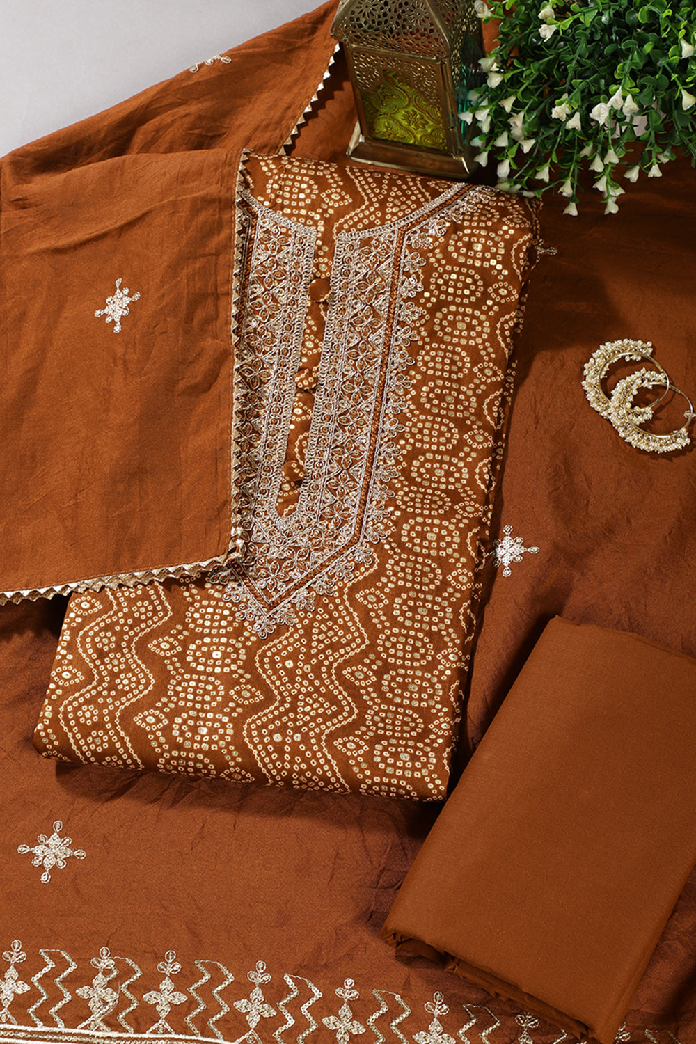 Brown Cotton Bandhani Printed & Neck Embroidered Unstitched Suit