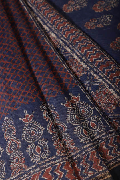 Blue & Rust Color Cotton Printed Saree