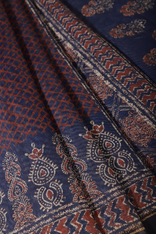 Blue & Rust Color Cotton Printed Saree