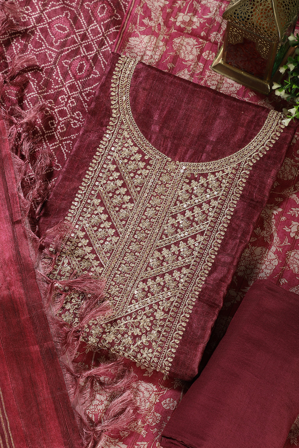 Wine Tussar Silk Neck Zari Embroidered Unstitched Suit