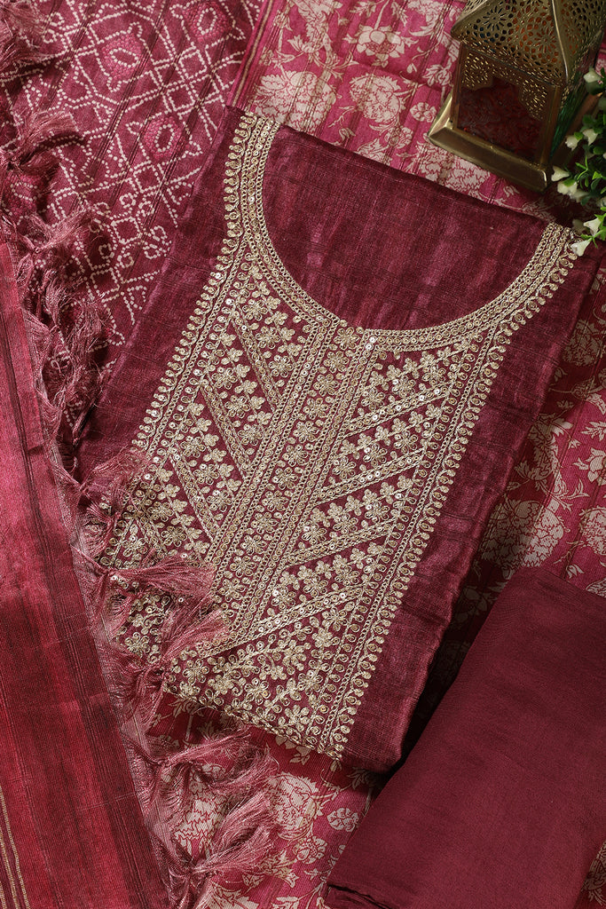Wine Tussar Silk Neck Zari Embroidered Unstitched Suit