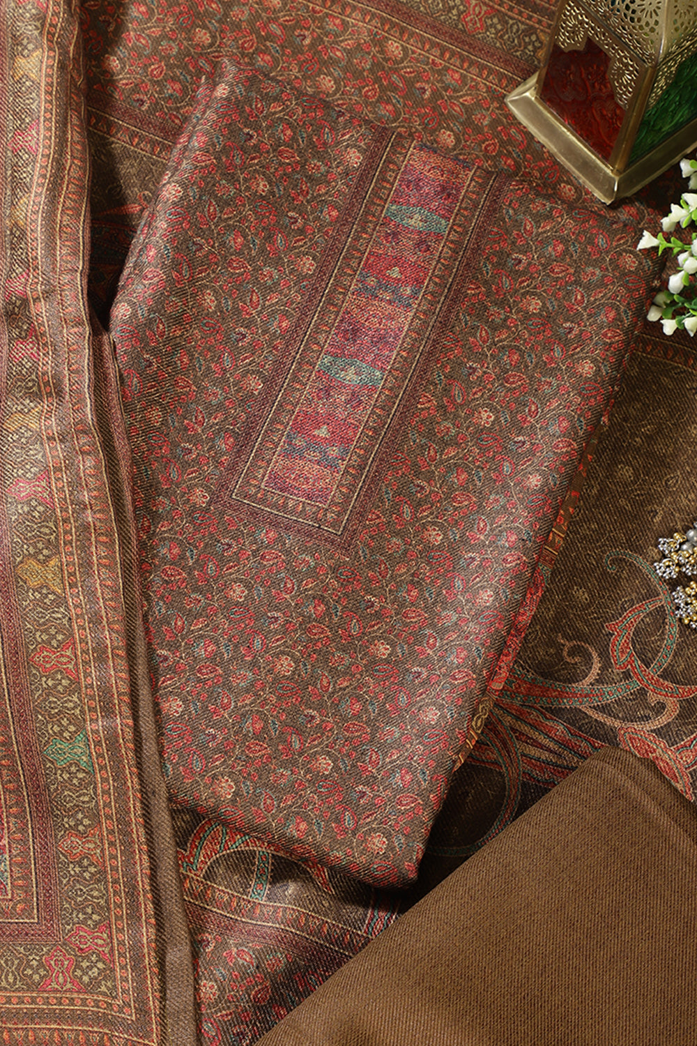 Brown Pashmina Floral Printed Unstitched Suit Material
