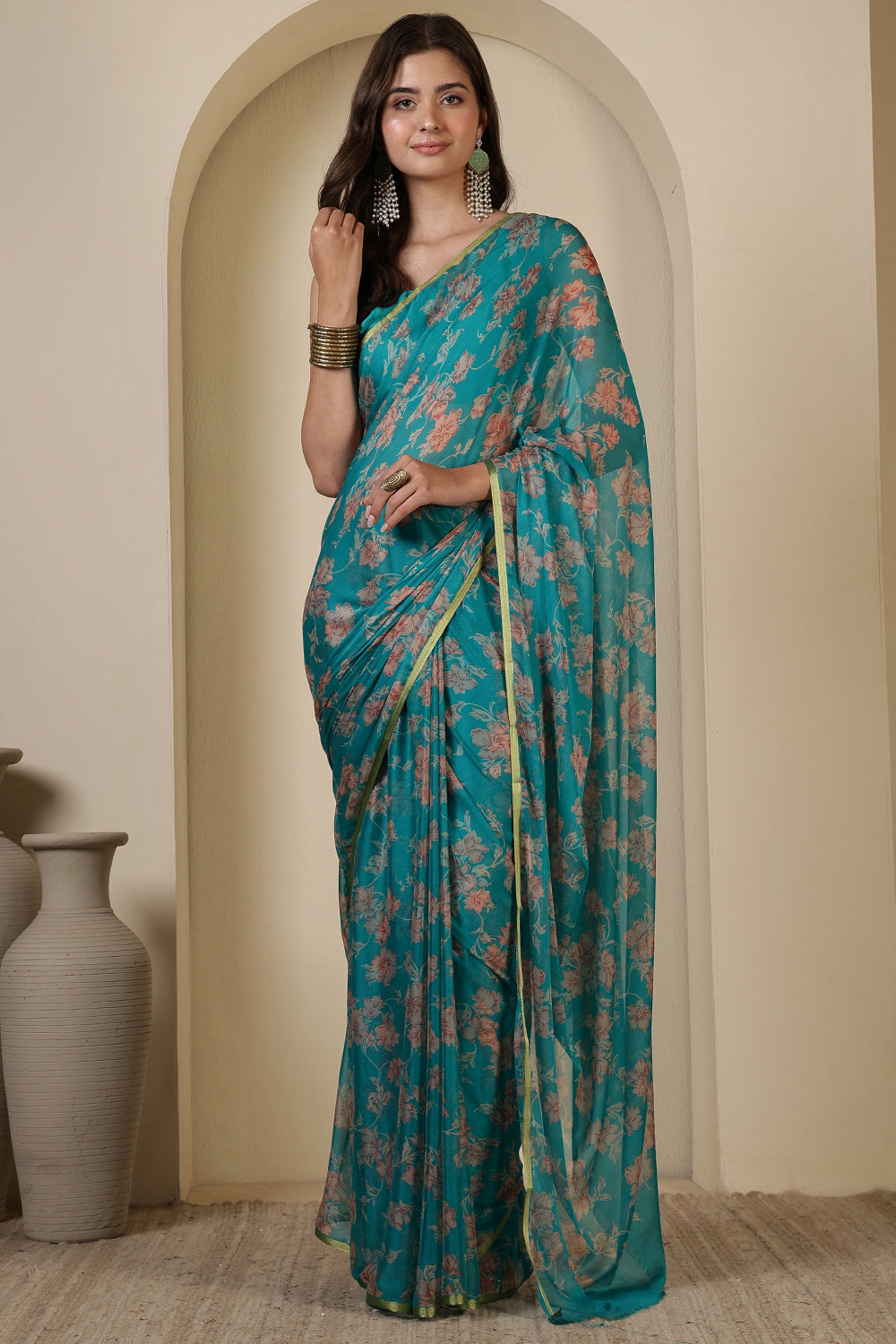 Turquoise  Chiffon Floral Zari Border & Floral Printed Saree