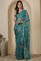 Turquoise  Chiffon Floral Zari Border & Floral Printed Saree