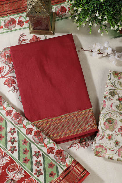 Maroon Cotton Unstitched Suit Material With Floral Printed Dupatta & Salwar