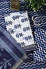 White And Blue Cotton Floral Block Print & Zari Border Unstitched Suit Material