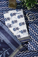 White And Blue Cotton Floral Block Print & Zari Border Unstitched Suit Material