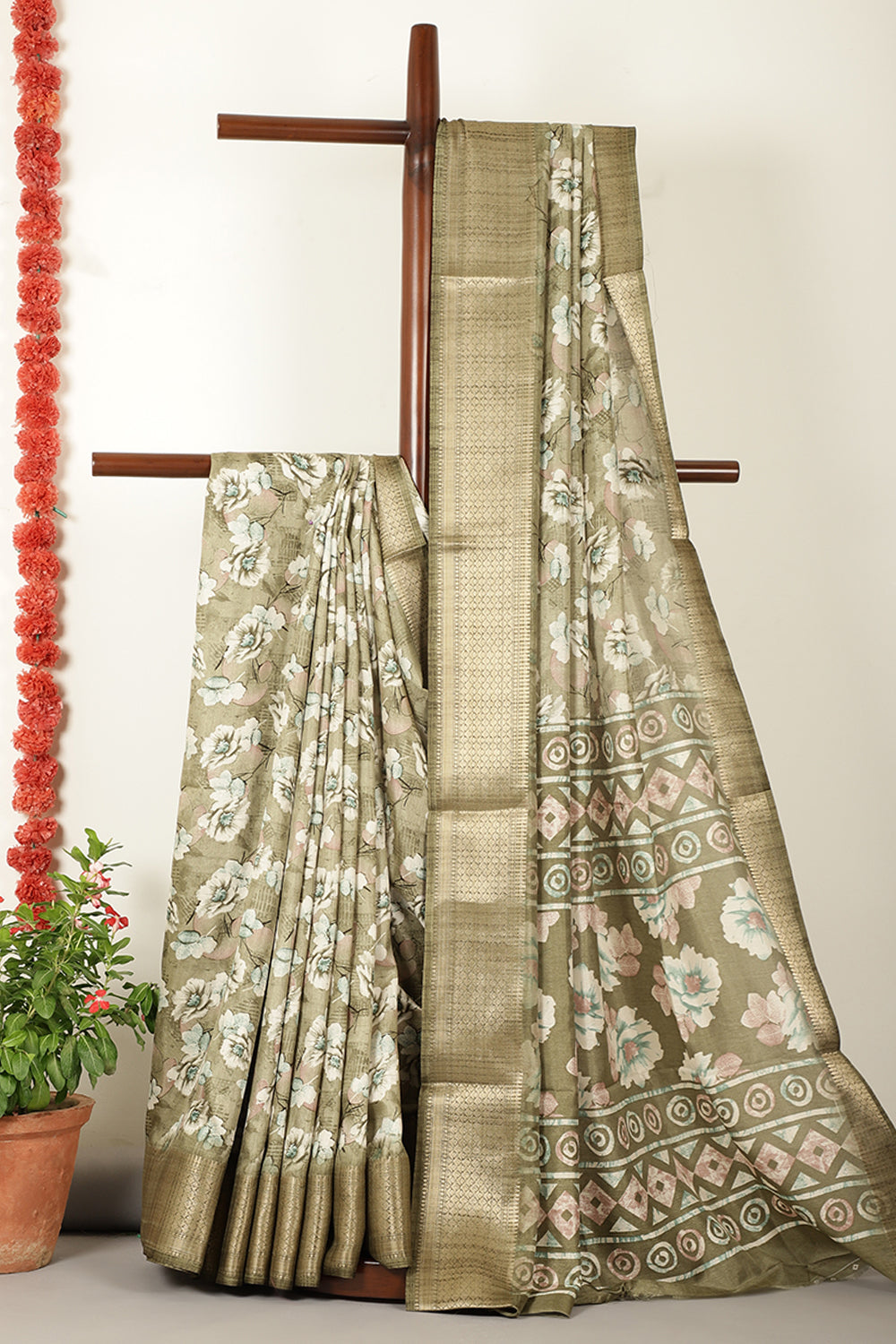 Sage Green Floral Printed Cotton Silk Saree