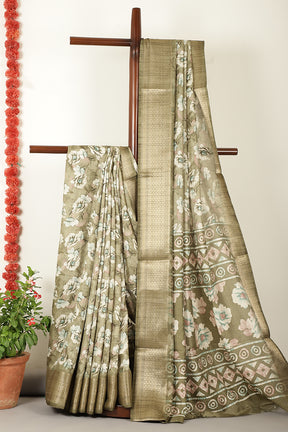 Sage Green Floral Printed Cotton Silk Saree