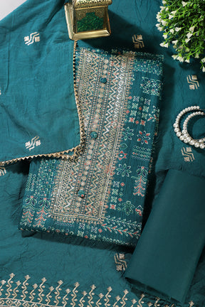 Teal Digital Printed & Neck Embroidered Cotton Unstitched Suit