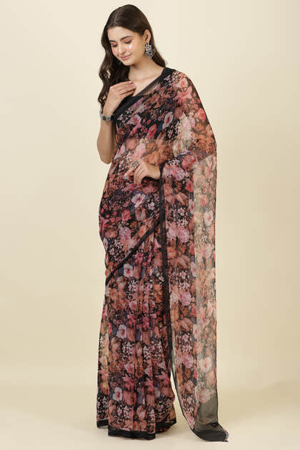 Black Floral Printed Chiffon Saree