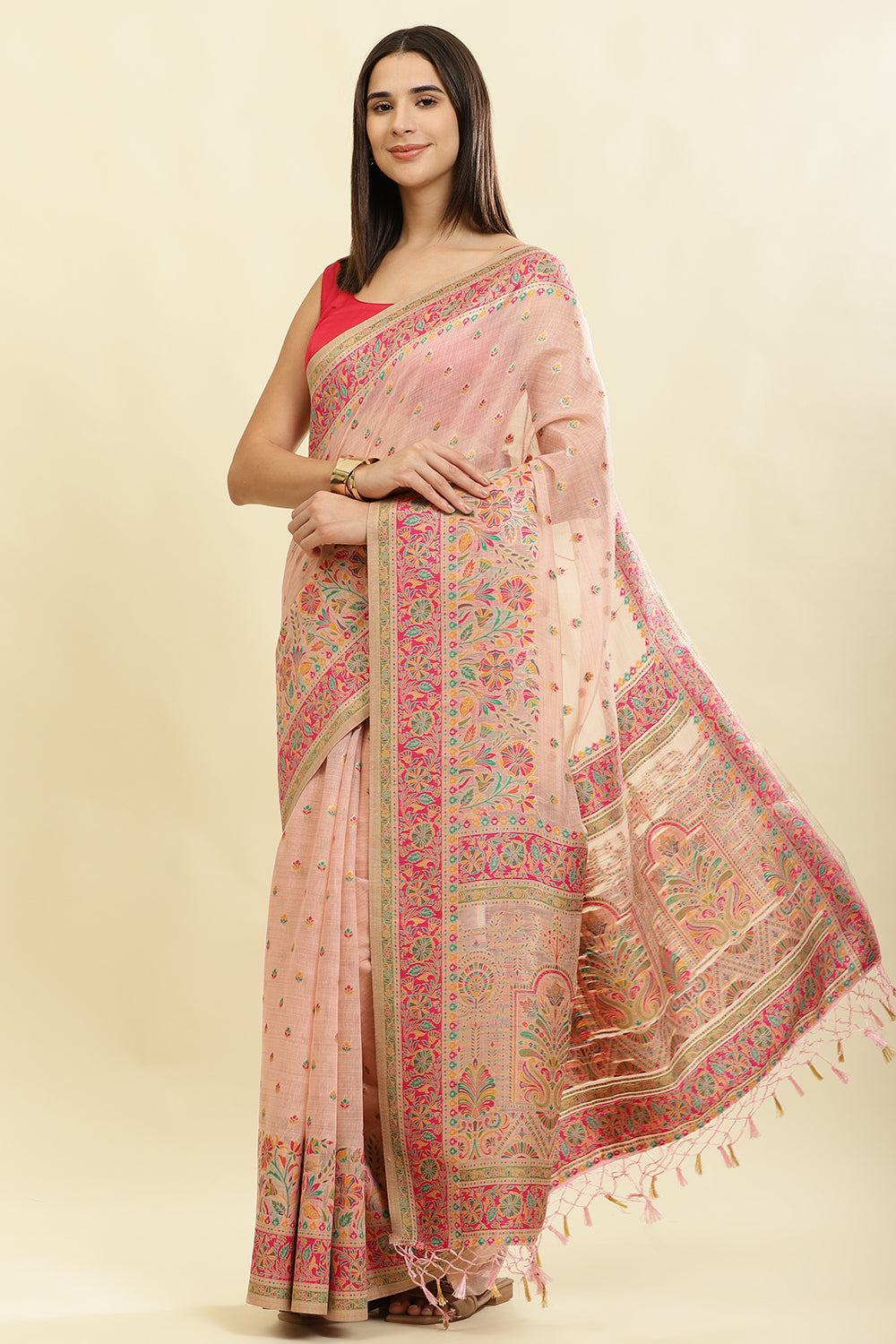 Pink Chanderi Cotton kashida Weaves Saree