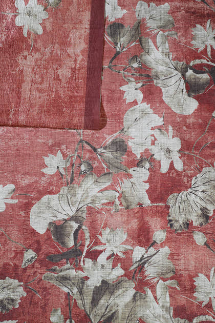 Rust Tussar Silk Floral Printed Saree