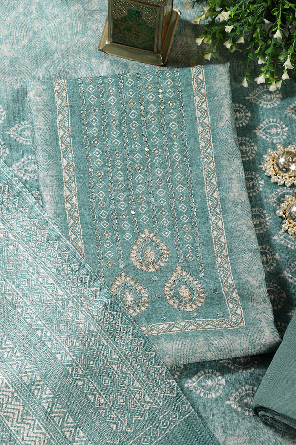 Sea Green Chanderi Silk Mirror Worked Unstitched Suit Material