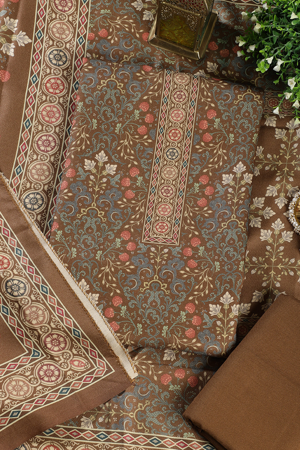 Olive Green Digital Printed Pashmina Unstitched Suit Fabric