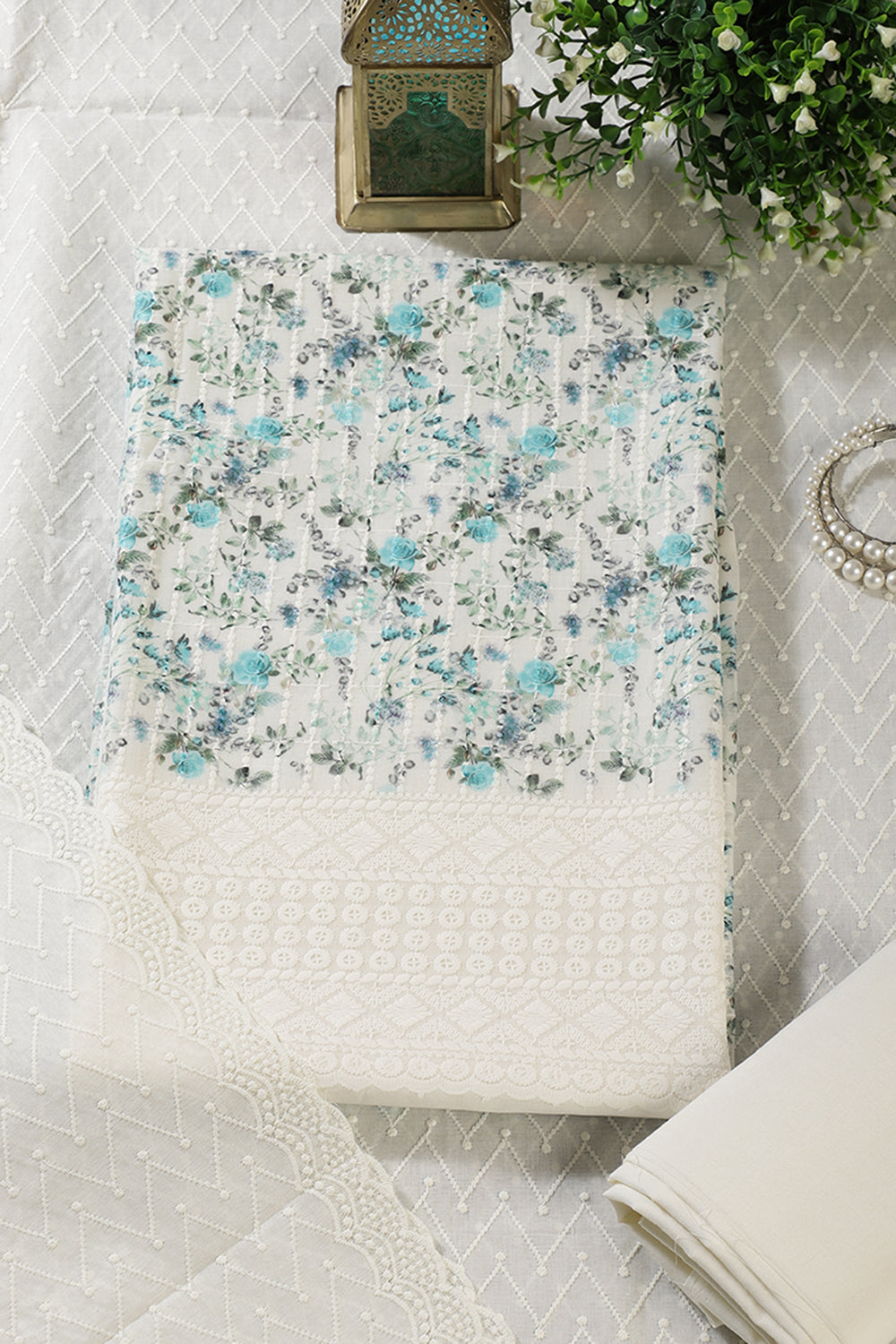 Cream & Blue Cotton Chikankari Work Floral Printed Unstitched Suit