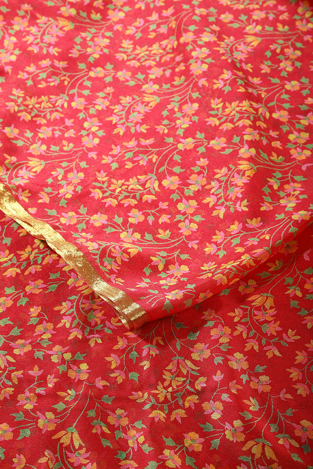 Dark Coral Color Chiffon Floral Zari Border Printed Saree