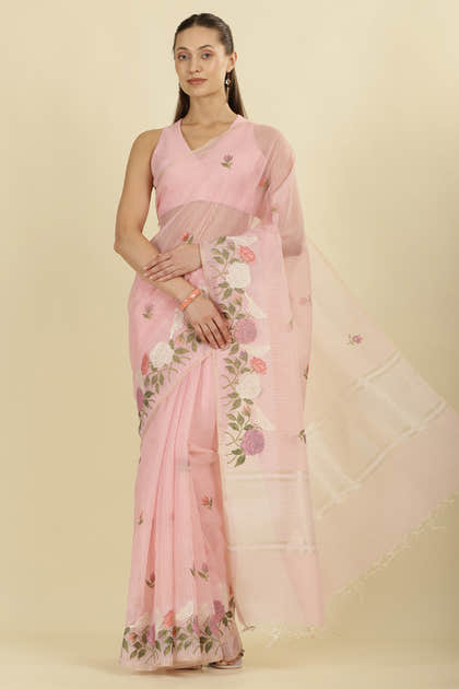 Pink Kota Cotton Floral Resham Embroidered And Zari Woven Saree