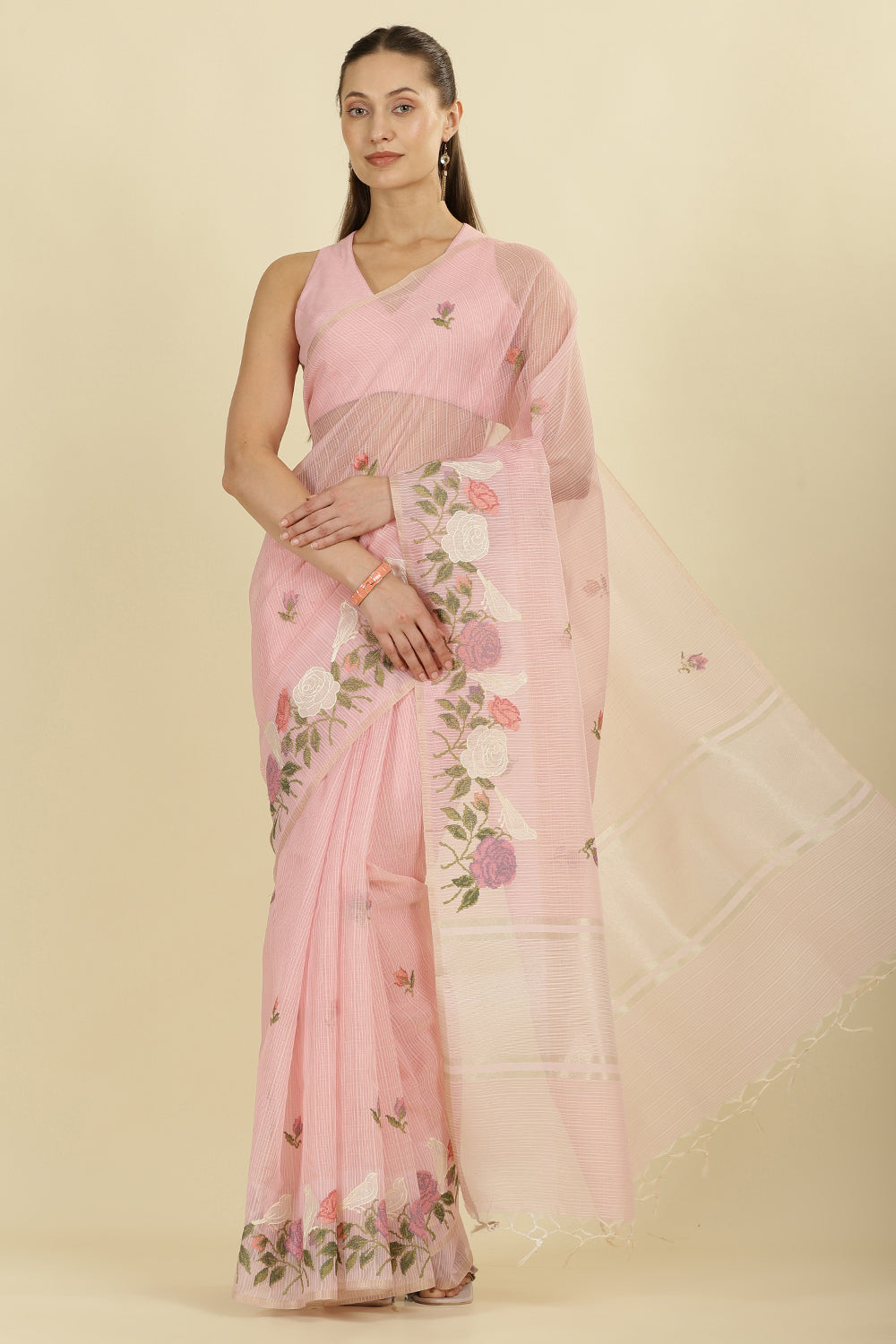Pink Kota Cotton Floral Resham Embroidered And Zari Woven Saree