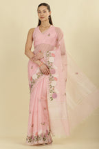 Pink Kota Cotton Floral Resham Embroidered And Zari Woven Saree