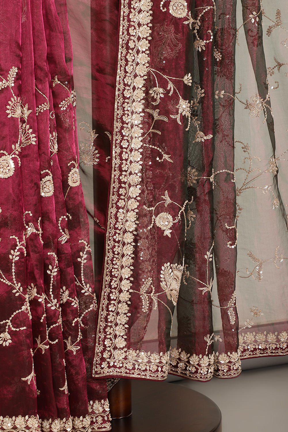 Wine Pure Tissue Silk Saree with Pearl and Zardozi Handwork