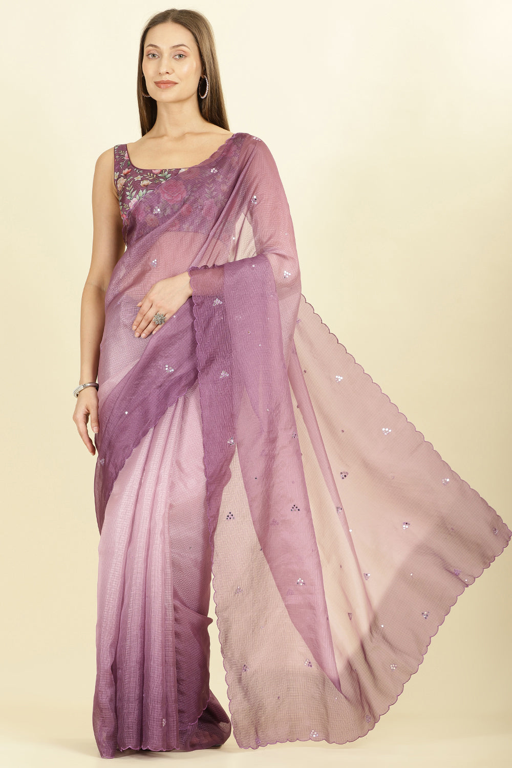 Ombre Mauve Organza Saree With Mirror Work