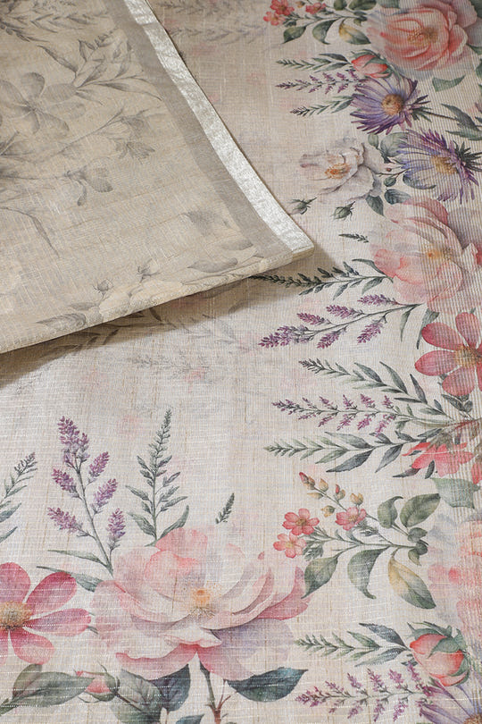 Beige Metallic Tissue Floral Printed Saree