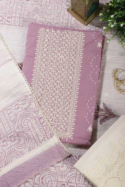 Mauve Colour Cotton Printed & Resham Neck Embroidered Unstitched Suit