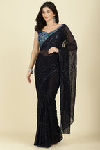 Navy Georgette Sequins Embroidered Saree With Stone Work Readymade Blouse