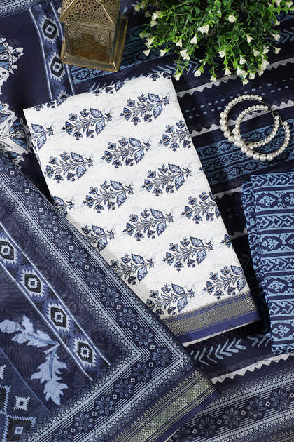 Navy And White Cotton Floral Block Print & Zari Border Unstitched Suit Material