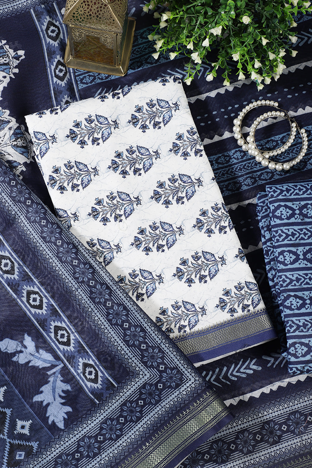 Navy And White Cotton Floral Block Print & Zari Border Unstitched Suit Material