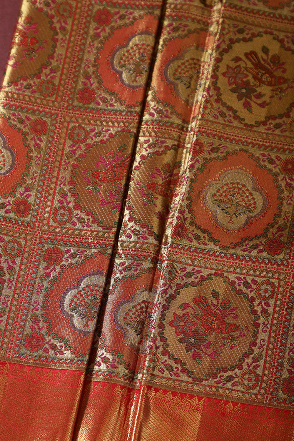 Gold & Pink Color Kanjivaram Pure Silk Handloom Gold Copper Zari Saree with Meenakari Pattern
