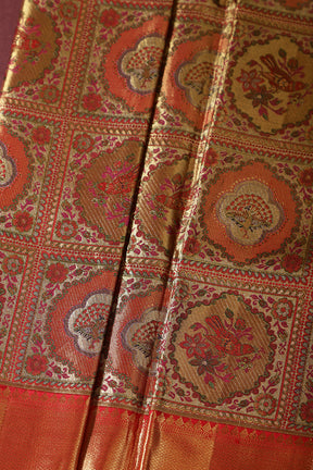 Gold & Pink Color Kanjivaram Pure Silk Handloom Gold Copper Zari Saree with Meenakari Pattern