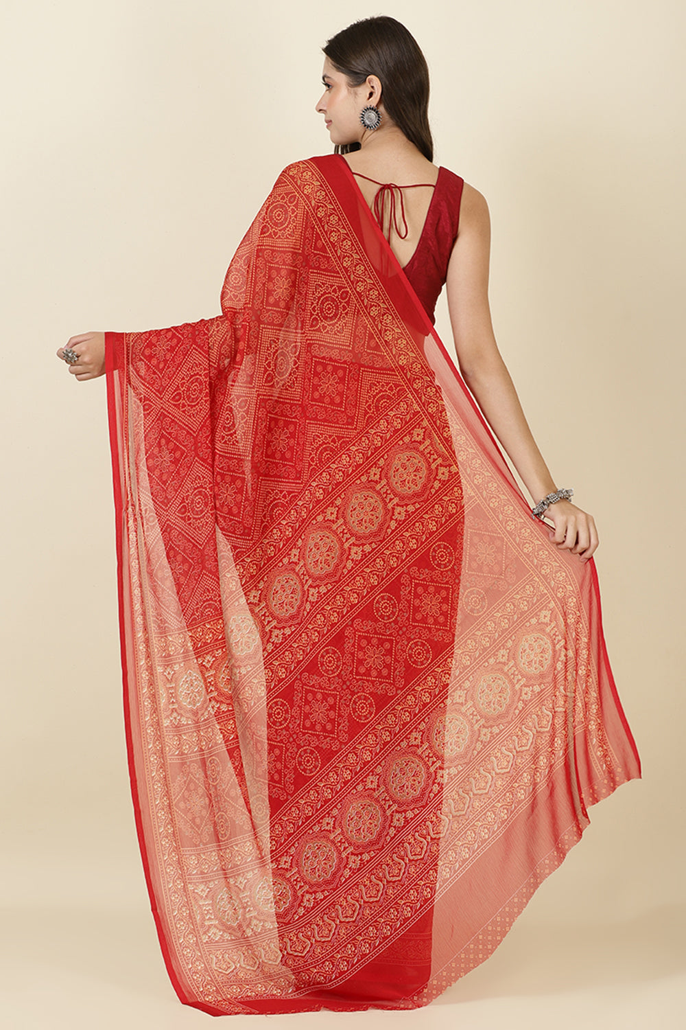 Red Georgette Bandhani Printed Saree