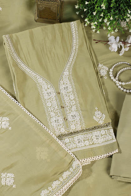Olive Green Muslin Resham Embroidered Unstitched Suit Material