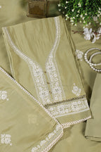 Olive Green Muslin Resham Embroidered Unstitched Suit Material