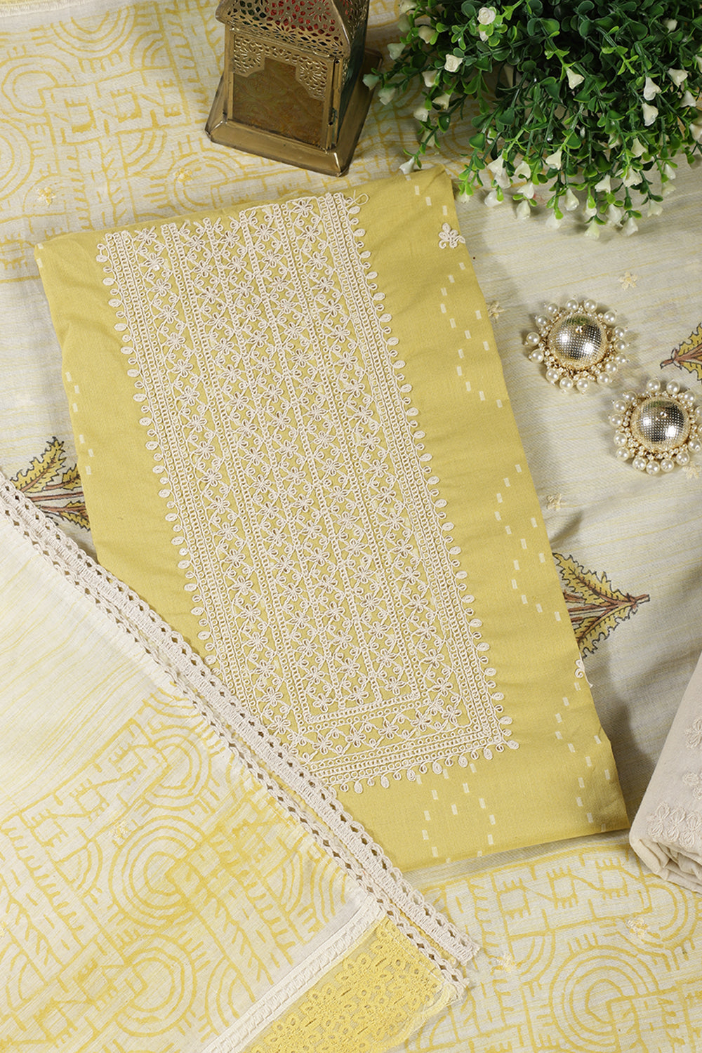 Mustard Colour Cotton Printed & Resham Neck Embroidered Unstitched Suit