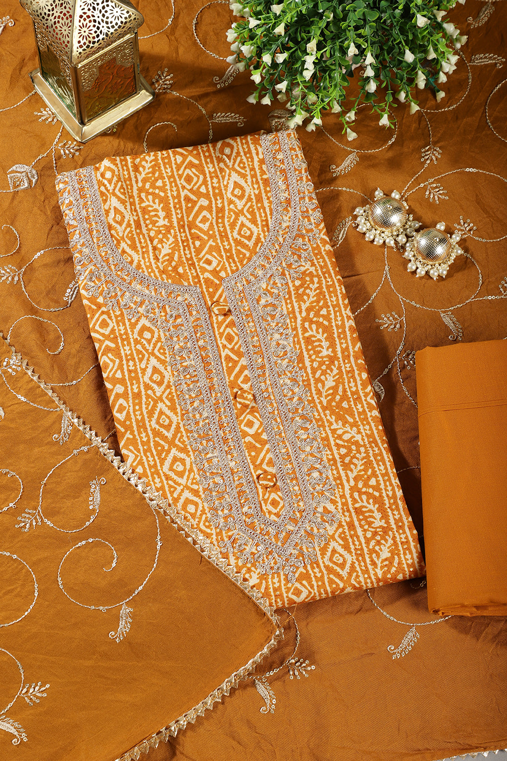 Mustard Cotton Digital Printed & Neck Embroidered Unstitched Suit