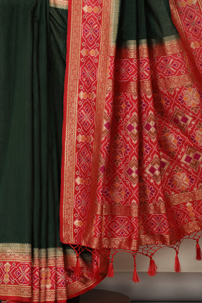Bottle Green & Red Dual Toned Tussar Silk Patola Woven Saree