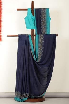 Navy Kashmiri-Inspired Floral Printed Crepe Saree