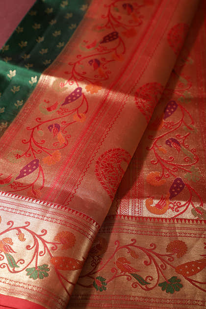 Green Color Pure Handloom Silk Zari & Butti Work Saree with Paithani Border