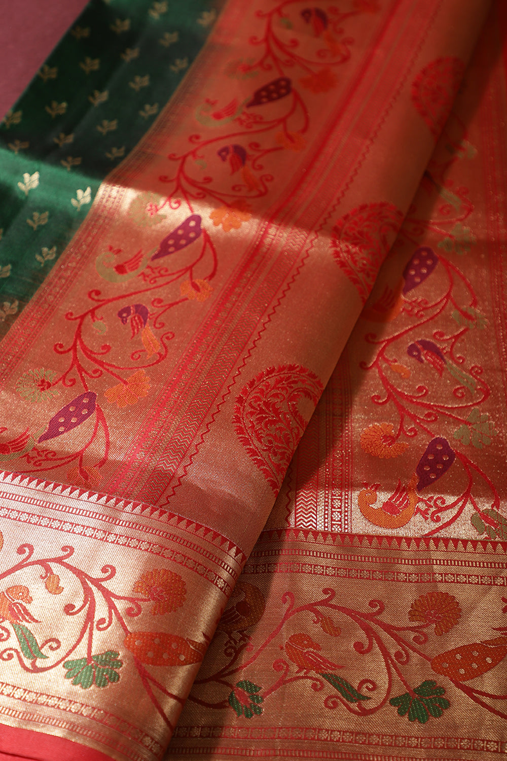 Green Color Pure Handloom Silk Zari & Butti Work Saree with Paithani Border