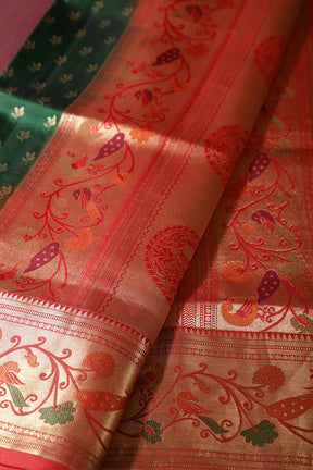 Green Color Pure Handloom Silk Zari & Butti Work Saree with Paithani Border
