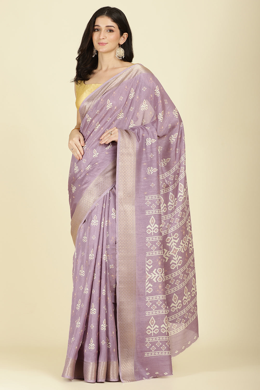 Lavender Cotton Silk Printed And Zari Woven Saree