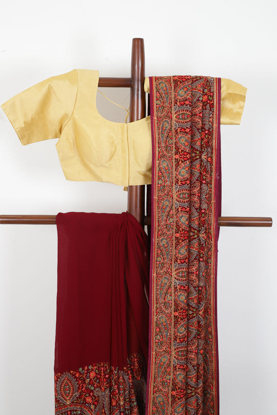 Wine Georggette Resham Embroidered And Swaroski Work Saree