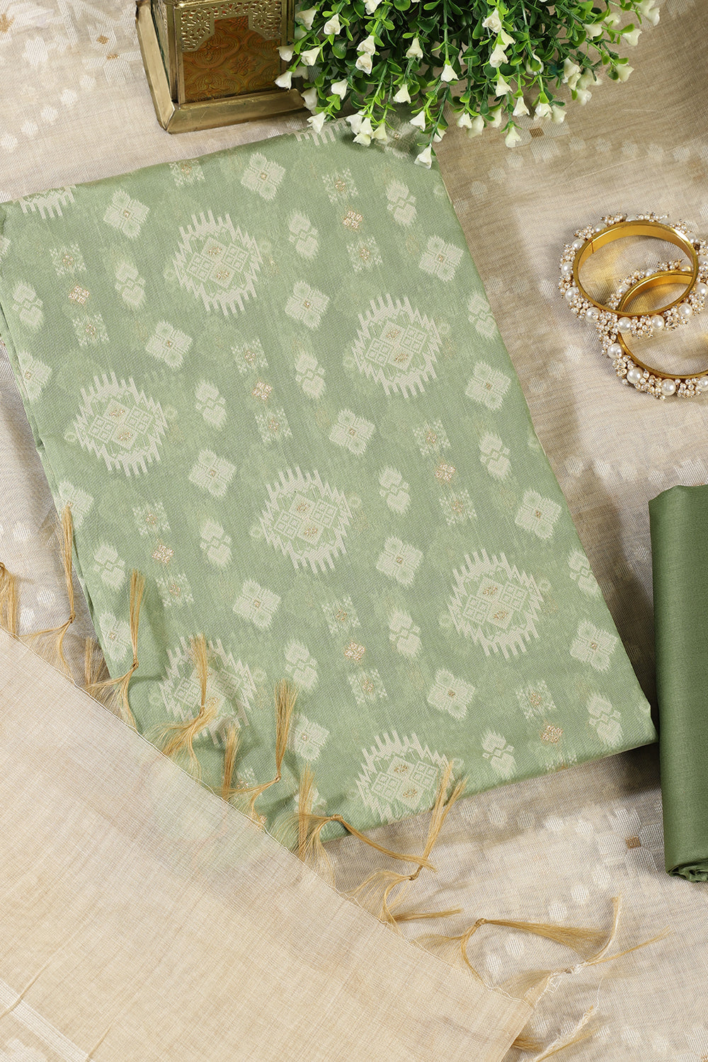 Pista Green Chanderi Cotton Woven Unstitched Suit