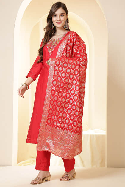 Red Color Silk Neck Embroidered Suit Set