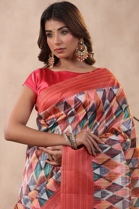 Coral Color Tussar Cotton Printed Saree